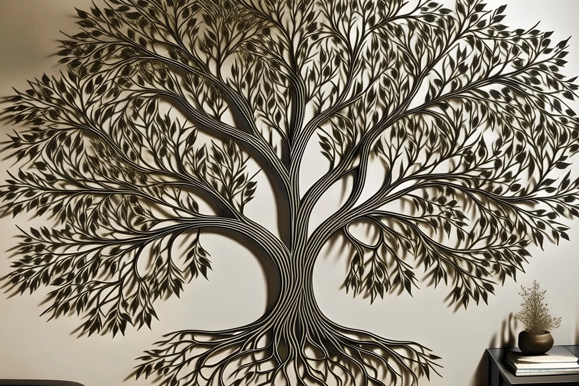 Design a metal wall art piece featuring the silhouette of a tree with intricate branches and leaves. Use metallic finishes for a touch of elegance.