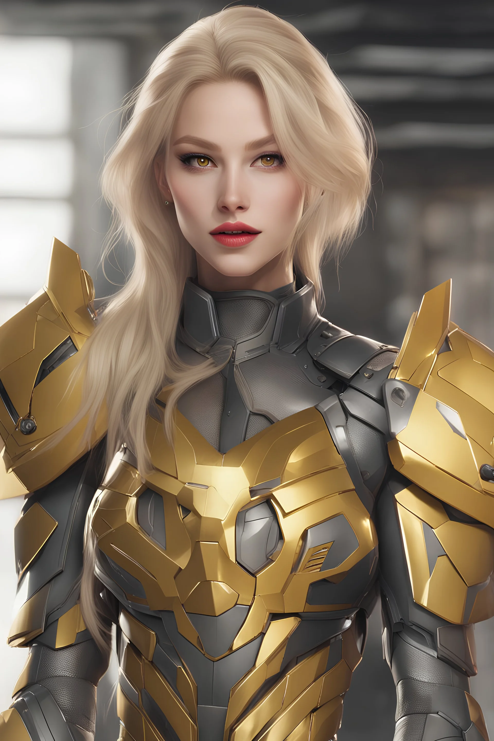 Masterpiece, 1girl, best quality, Mature female, cinematic ligting, 4k,futuristic Armor,{{{red lips}}}, eyeliner, mascara, eyeshadow,full lips, blonde hair, long hair, yellow eyes, {{{{beautiful eyes}}}}, cackle, black sclera, {{{cute smile}}