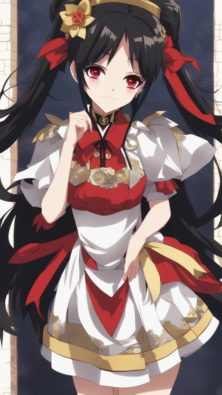 Tokisaki Kurumi appears to be elegant and has very polite manners, ivory skin and long, evil smile, crazy smile, black hair usually tied in long twin tails, deferent Eyes colors, right eye is red-tinted color, left eye appears as a golden color, inorganic clock face, a girl with astonishing beauty, wearing her astral black and red dress 'Elohim', left golden eye, in dreamshaper finetuned model with dynamic art style witg