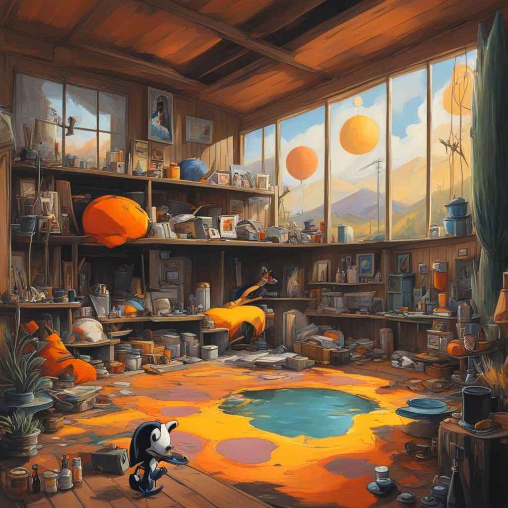 The House That Chuck Built, from SCP lore, SCP-4934 is the late cartoonist Chuck Jones' private study, located within his Newport Beach, CA estate, it is full of LOONEY TUNES-like characters as Porky, Daffy Duck, Bugs Bunny and so on, trending on artstation pixiv skeb. an absurdly detailed oil painting of weird bunch of Warner cartoons, epic photorealistic, beautifully lit, no artefacts, dim volumetric cinematic lighting, 8k octane beautifully detailed render, post-processing, extremely hyperd