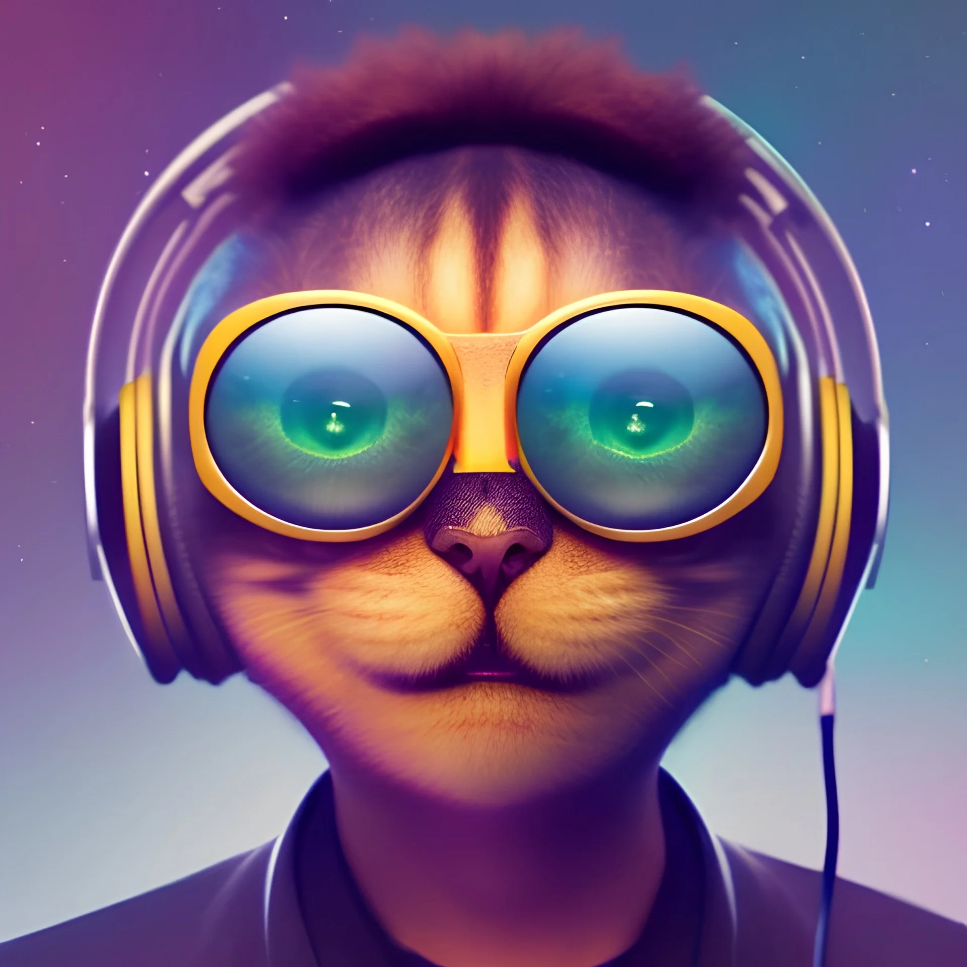 3d photorealistic close-up of face of extraordinary happy alien cat in space wearing headphones and sunglasses playing records at a concert