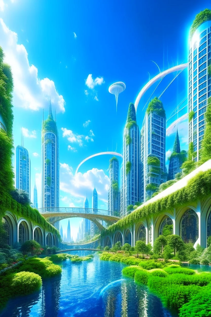 A futuristic alien city, with balconies, verandas, many arches, bridges, spires, paths, trees, dense foliage, Spanish moss, ivy, river, blue sky, white clouds.industry revolution new age, new-age theme, hyper realistic city with galaxy sky