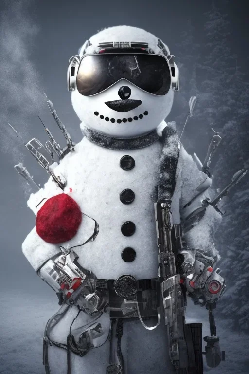 Snow man like a cyborg,with sunglasses,with gun,detail,textures,cinematic