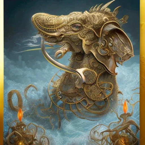 fantasy magic, intricate, sharp focus, illustration, highly detailed, digital painting, concept art, matte, art germ and Paul Lewin and Kehinde Wiley, masterpiece silver elephant head bronze Buddha rabbit turquoise golden waves