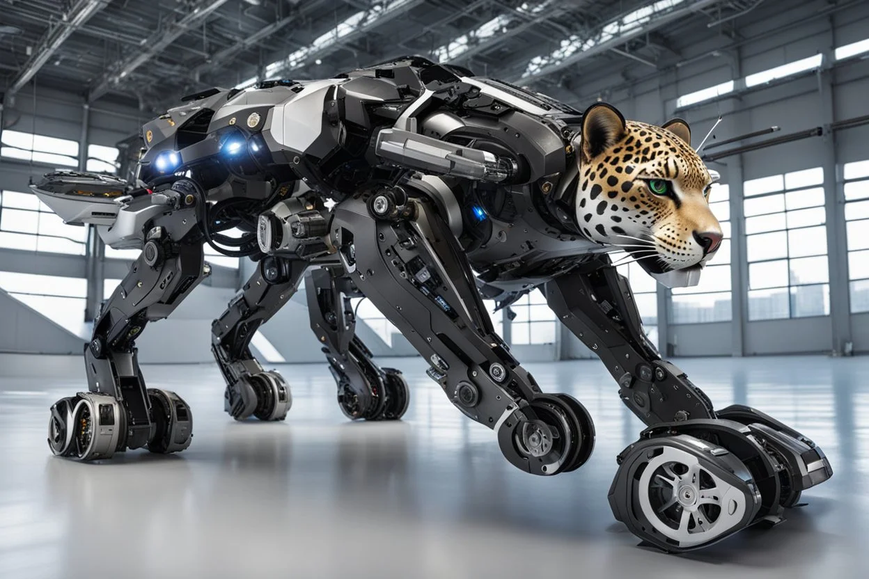 Wide angle magitek robotic Black Jaguar, biomechanical, creature, space, zoom out, whole frame,workshop background