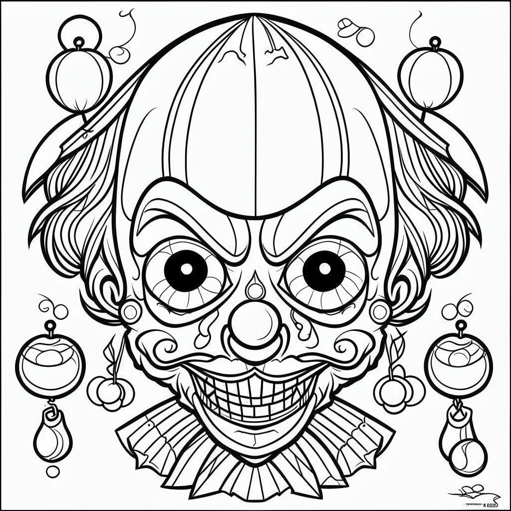 create a 2d black outline, " kawaii psycho clown coloring book for kids", coloring page, low details design, black contour, coloring page design, colorful , card style, coloring page for kids, halloween backgorund,sketch style,