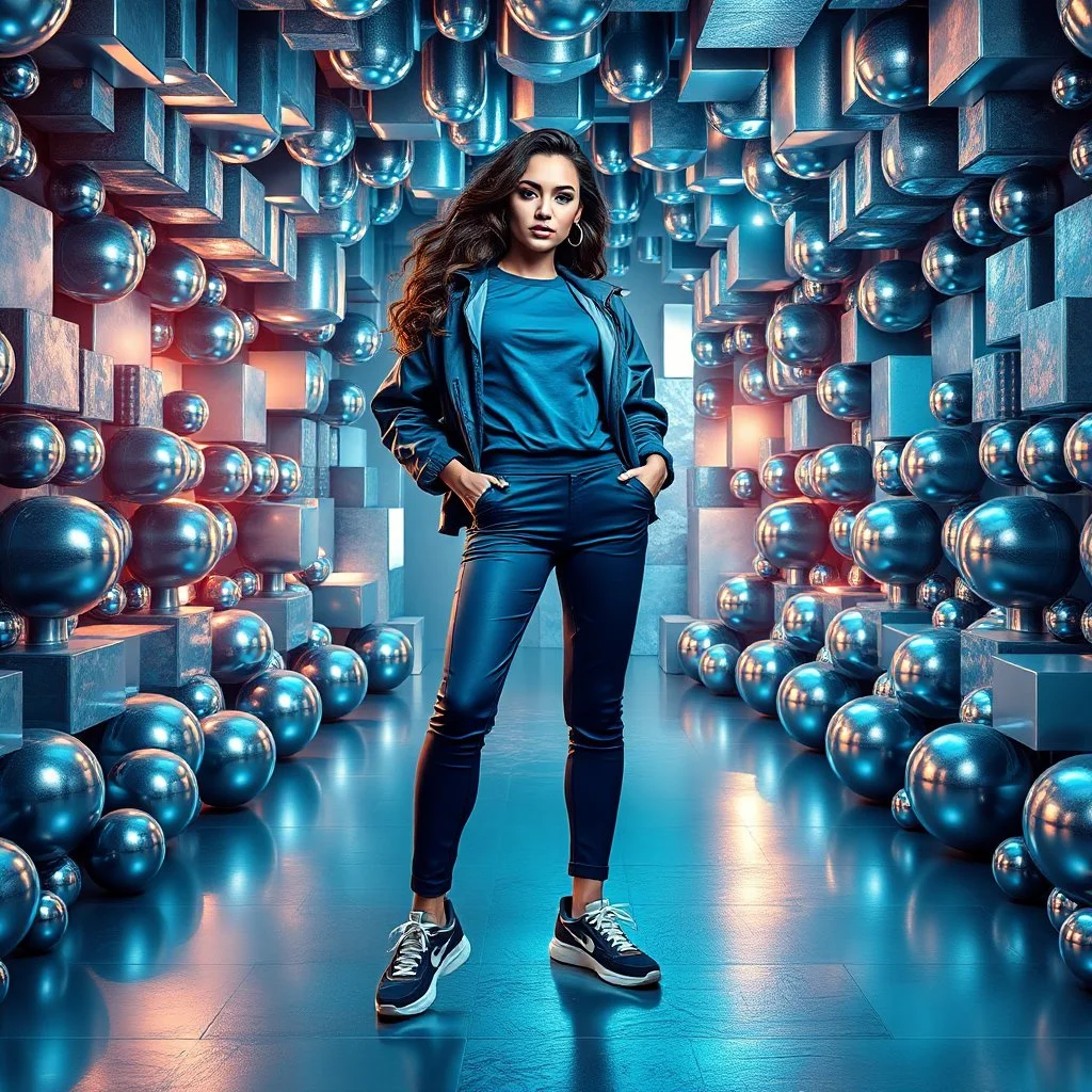 make a picture pretty stage made of metallic cyan-gray teme 3d fractal recursive cubic and sphere base structures and a beautiful fashion model lady posing with cute,with blue teme Chic style pants with a tight shirt and jacket,sport shoes ,makeup curvy long hair,dynamic camera zoom to full body and pan, dynamic lights.