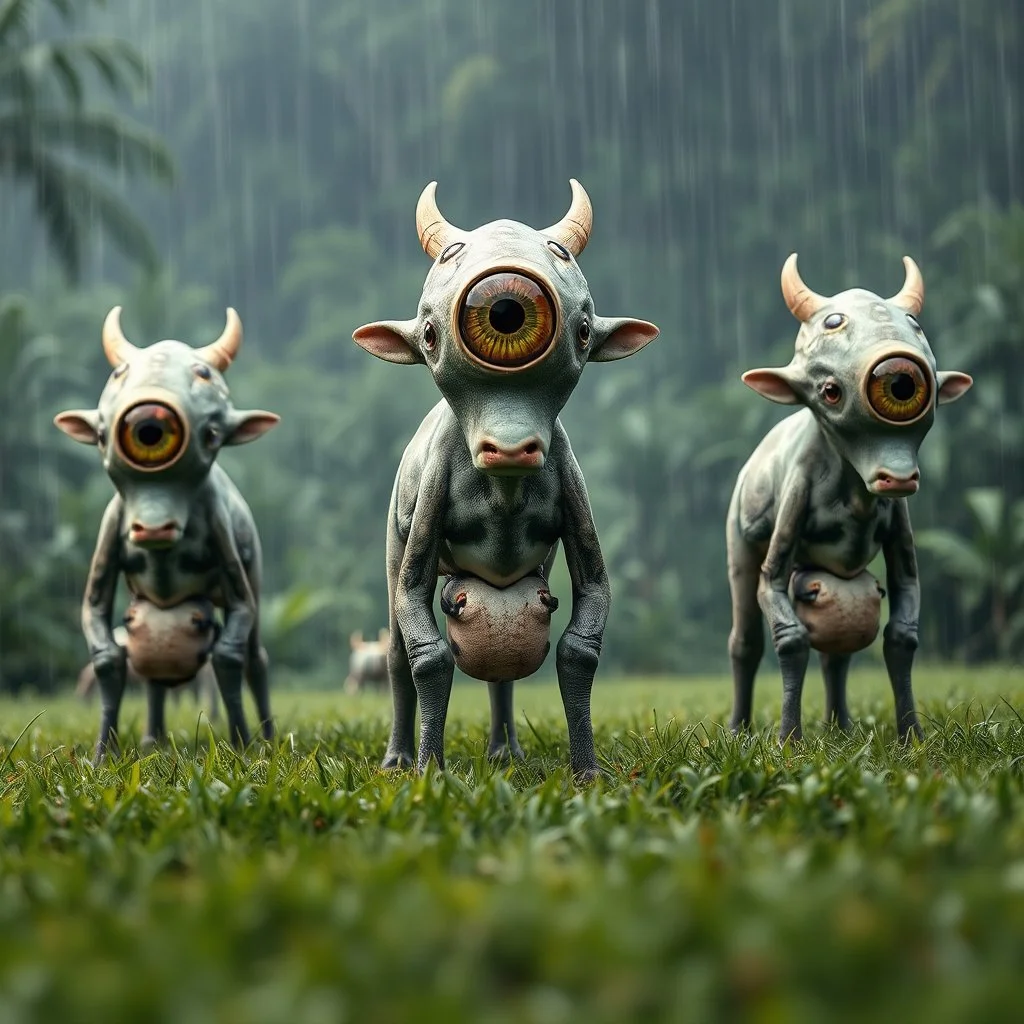 in the distance five big cute-crepy weird creatures stand on four legs with one giant eye , tube heads, gray-green-white color skin, they without ears , with big cow udders between their legs, peacefully grazing the grass, in the background there is a jungle, rain, realistic, detailed, sci-fi, fantasy, cinematic