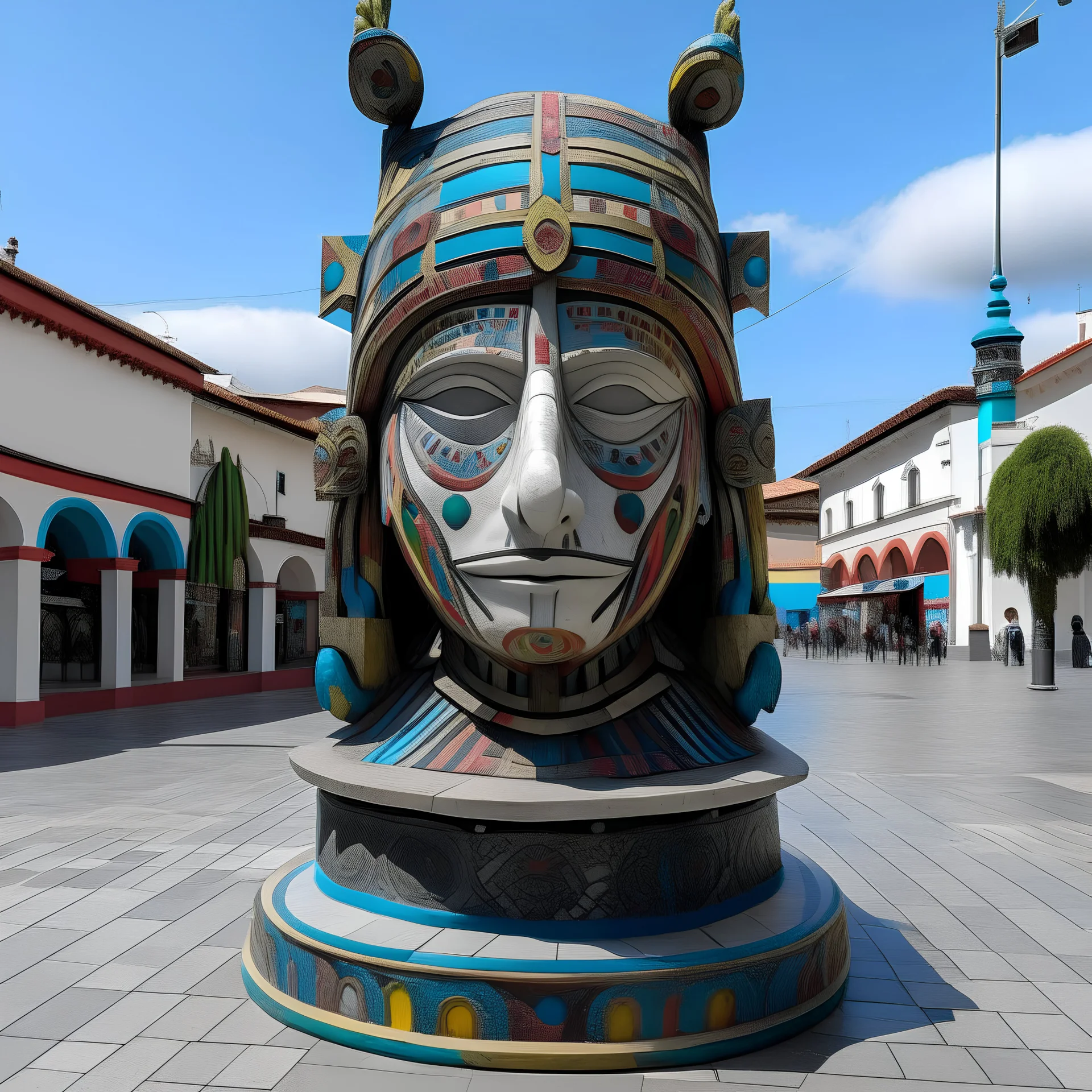 Realiza un fotomontaje en una plaza municipal mexicana, de una escultura de dos mascaras simples de xayacates, una que incluya una mascara abstracta y colorida de una mujer con trenzas, y otra mascara de un hombre con sombrero