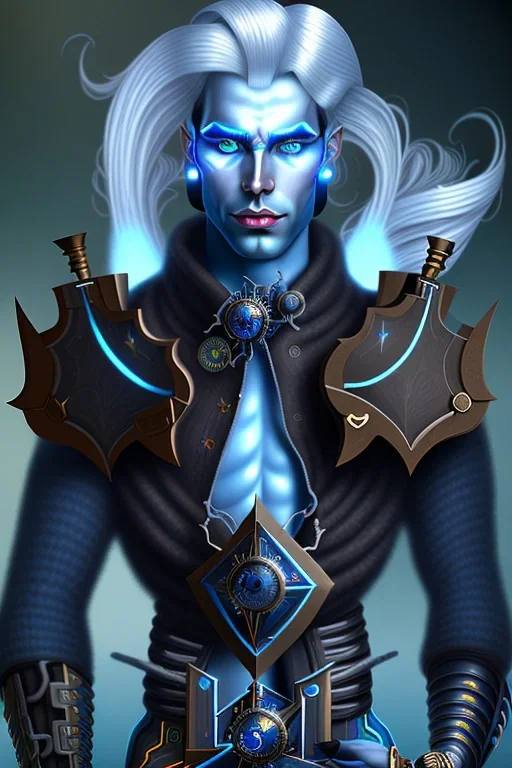 portrait of a dark male dark elf with long white hair, haunting blue eyes, and wearing a steampunk exoskeleton powered by gears, in fantasy style