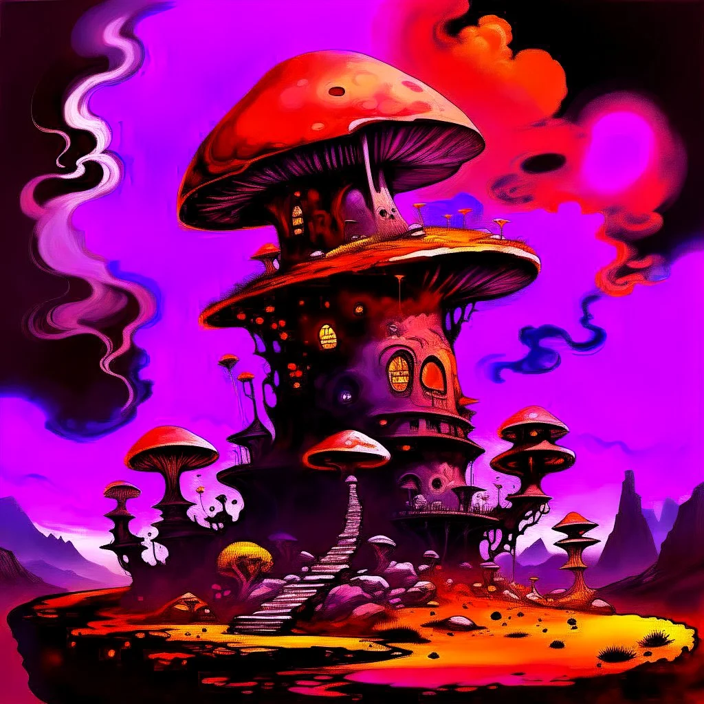 A fantabulous black, orange, and magenta (((mushroom tower house))) erected atop a (geologic pillar), surrounded by the uncanny imaginative ((( swirling skies))), offset by the stark hues of a (neon-tinged nebulous space scape), within. captured by the hand a skilled master painter with a focus on (softly blurred compositions and voluminous lighting).