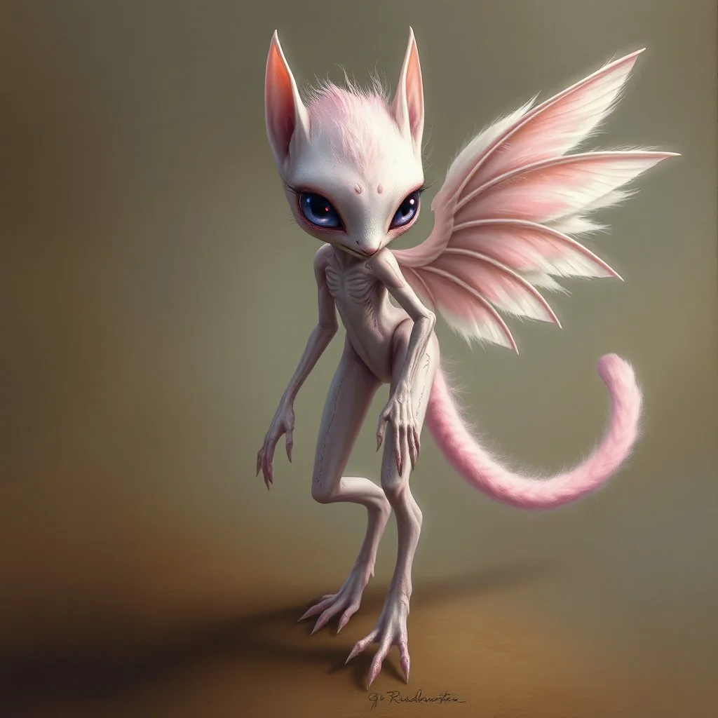 extraterrestrial being, female, humanoid body, pastel pink fur, large lavender eyes, long fluffy tail, small feathery wings, alien, intricately designed, highly detailed, Greg Rutkowski