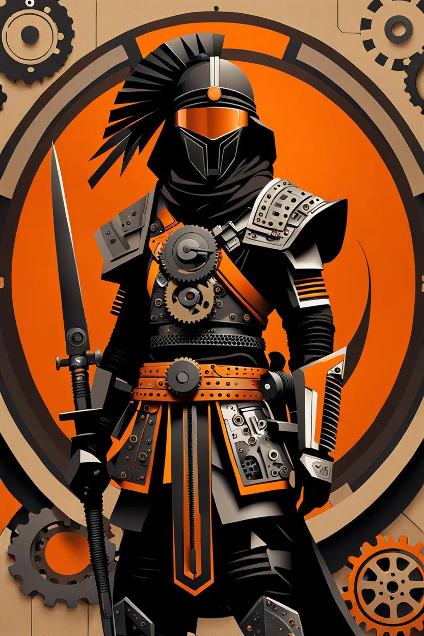 A stylized, abstract illustration of an arafed tuareg warrior, positioned alongside mechanical gears and industrial elements. The warrior, depicted in black, features exaggerated joint details. Behind it are circular shapes in orange and black, suggesting motion and machinery. The background is a plain beige, enhancing the contrast with the dark and vibrant elements in the foreground.