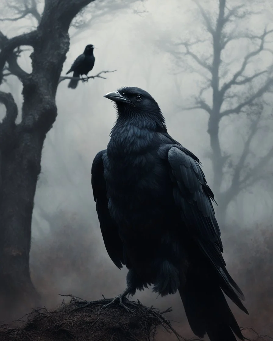 potrait horror vintage realistic cinematic horror mystical dark gothic halfbody crow humanoid,so many black birds crow flying and old high oak trees look like a live walk in in darkness heavy fog smoke horrible horror art visual