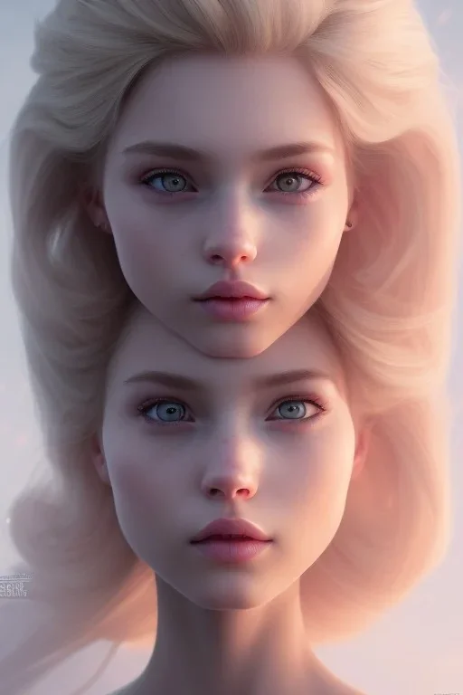 20 year old girl, cute, beautiful, blonde hair, Elsa hair, blue eyes, big eyes, pale skin, blue dress, ice dress, long eyelashes, pink lipstick, thin lips, small nose, 8k resolution concept art portrait by Greg Rutkowski