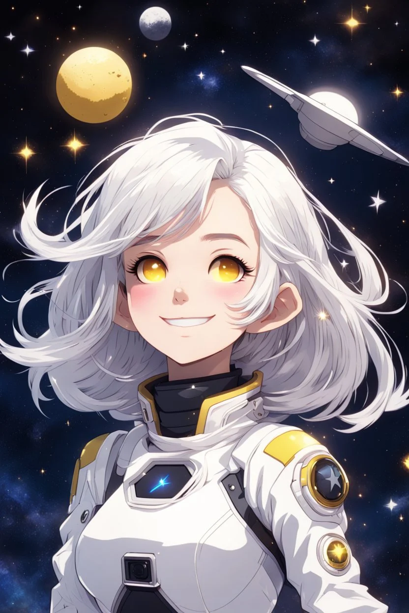 Space girl, has medium white hair with the center part of it black, has yellow eyes, is in space flying on top of a star, she wears a blouse and doesn't need a helmet to fly in space, She smiles calmly, Anime style