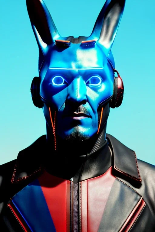 Medium Close Up Portrait, Front image. cyberpunk, rabbit mask, Soviet man, black hair. leather suit. blue, red, color. Ghost in the shell style. Color background, photo studio. Avatar image, highly detailed, concept art, smooth, unreal engine 5, god rays, ray tracing, RTX, lumen lighting, ultra detail, volumetric lighting, 3d, finely drawn, high definition, high resolution.