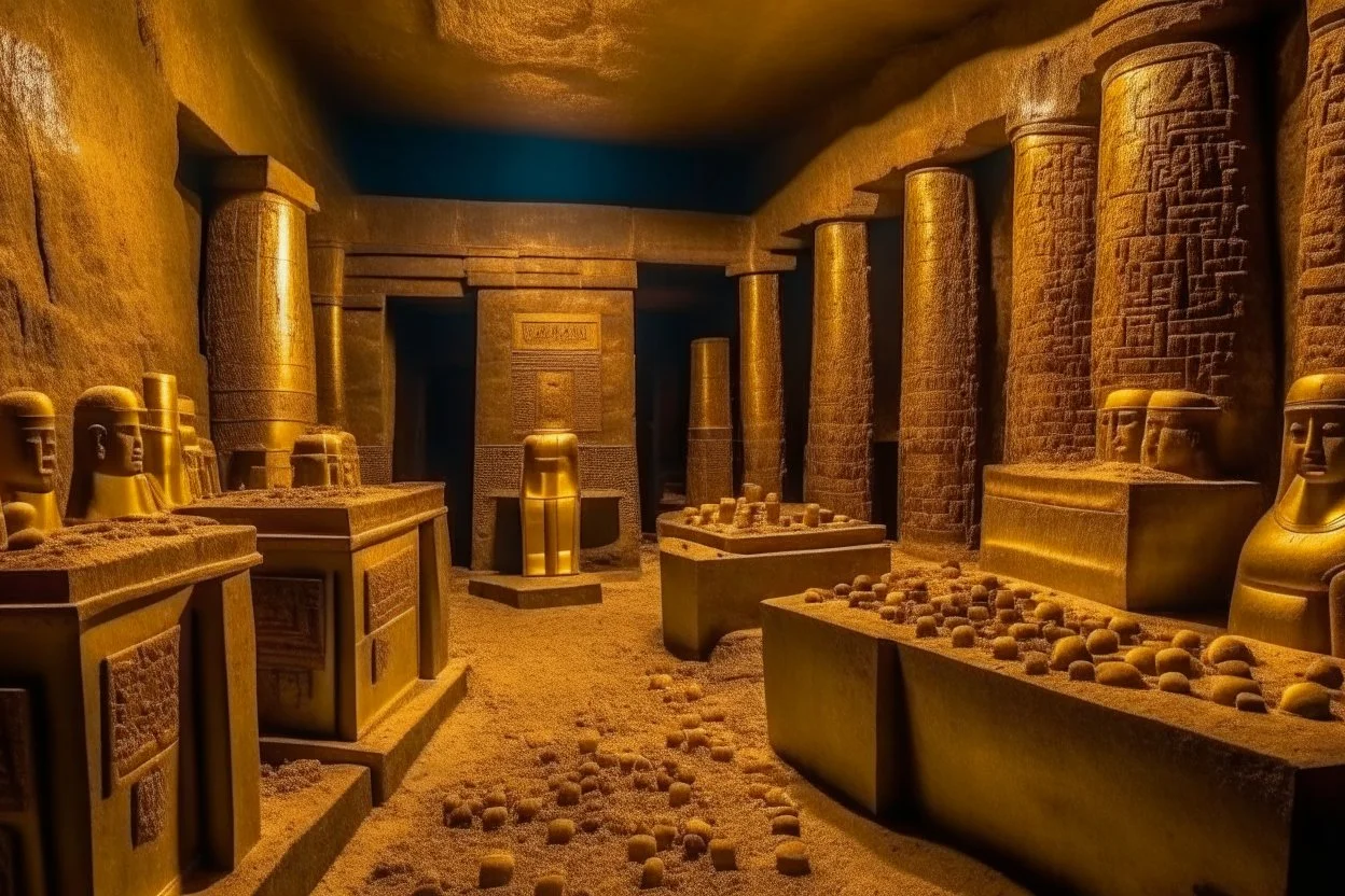 Tombs of kings of ancient civilization, many golden objects. pomp A huge splendor is the ancient Tomb of Kings in the depths of the earthTemple of the goddess Venus, where Amazon women guard the magnificent huge hall, some armed.