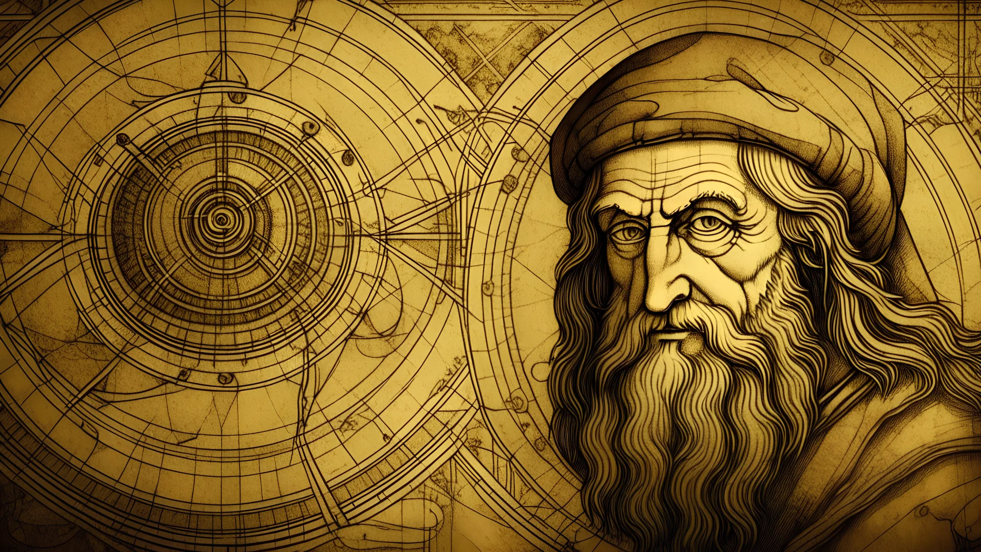 realiza un fondo de pantalla, que sea un plano del diseño de una computadora al estilo de Leonardo Da Vinci