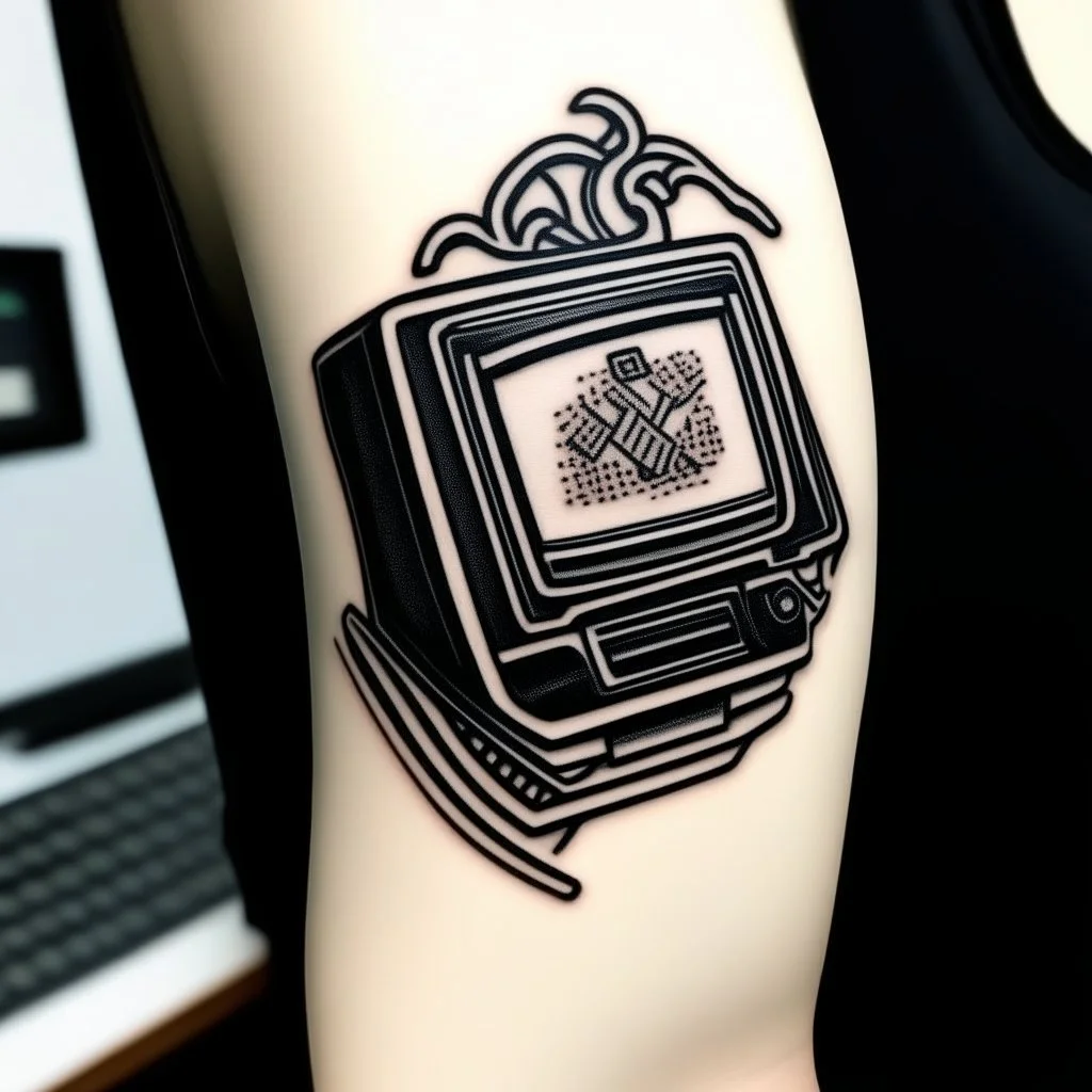 traditional style tattoo of a computer, white canva