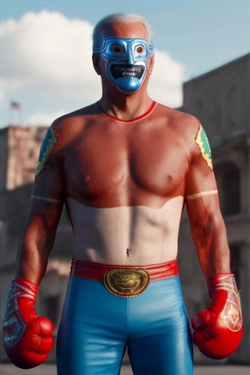 realistic image of joe biden as a mexican wrestling fighter posing, Mexican eyes wrestling mask, red and blue breeches, retro style, 80s, vibrant color, highly detailed, sky background, concept art, unreal engine 5, god rays, ray tracing, RTX, lumen lighting, ultra detail, volumetric lighting, 3d, finely drawn, high definition, high resolution.