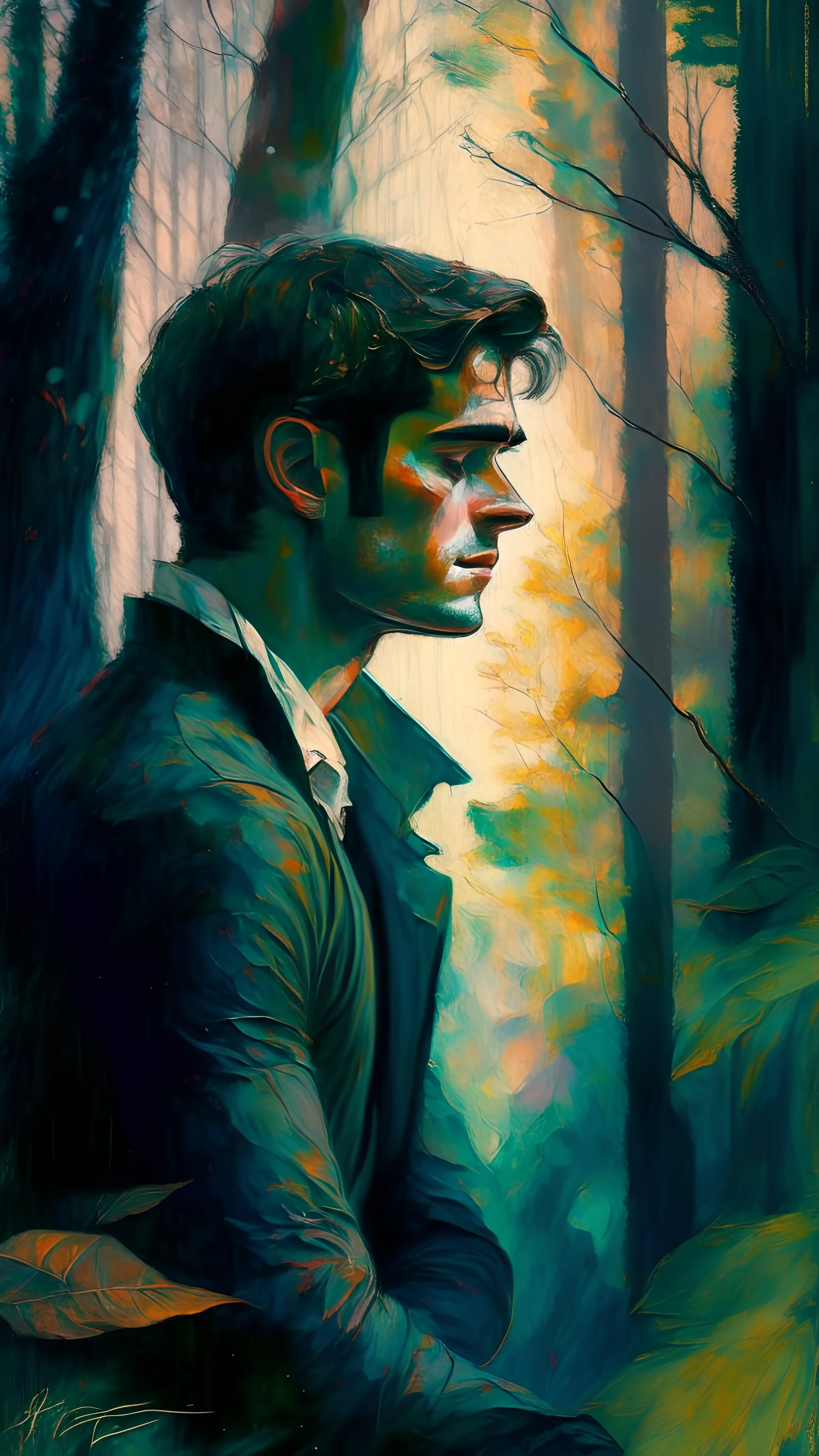 impressionism-style painting of a man thinking about someone he loves truly in a pretty forest