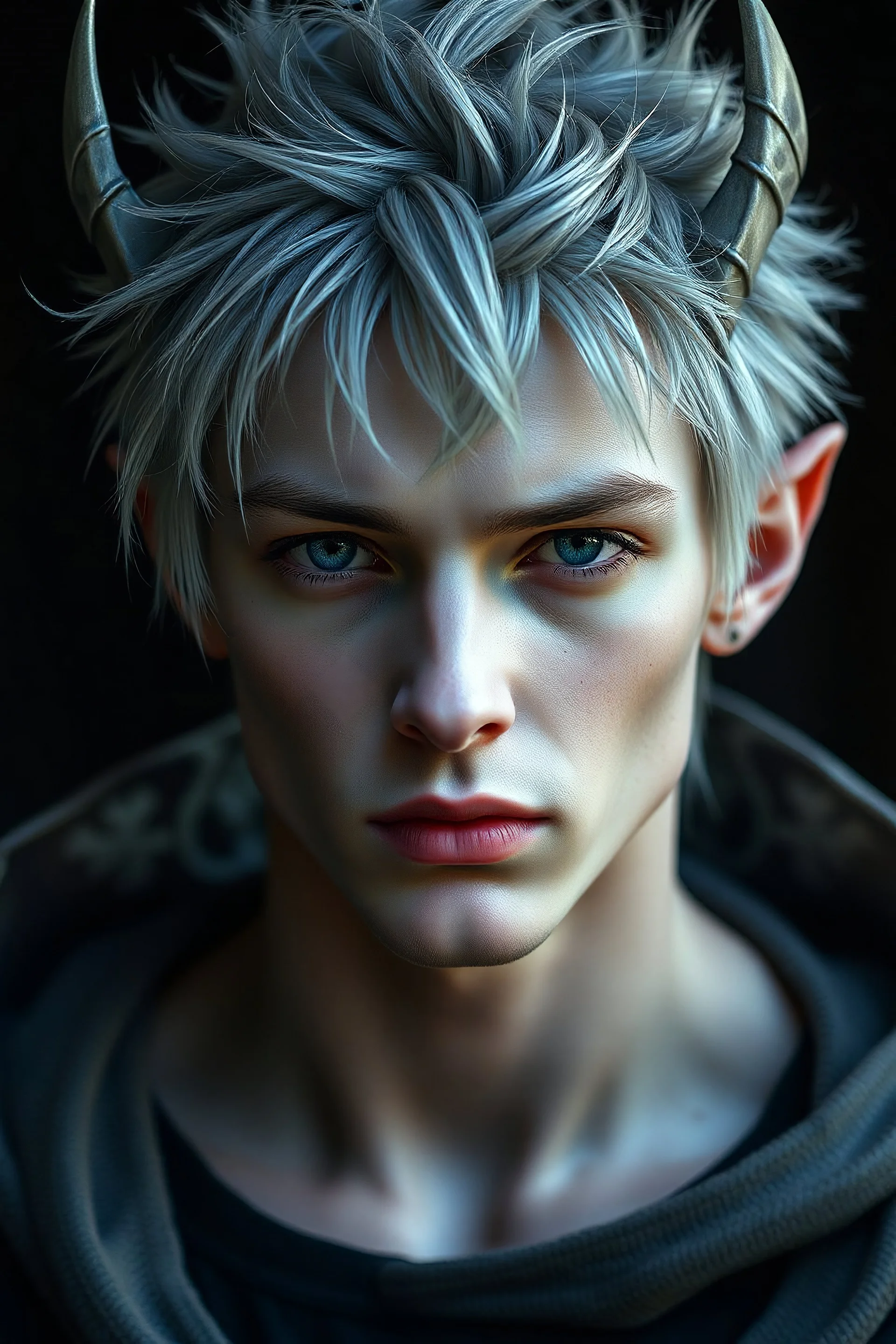 male, changeling, spiked grey hair, dnd, very pale skin