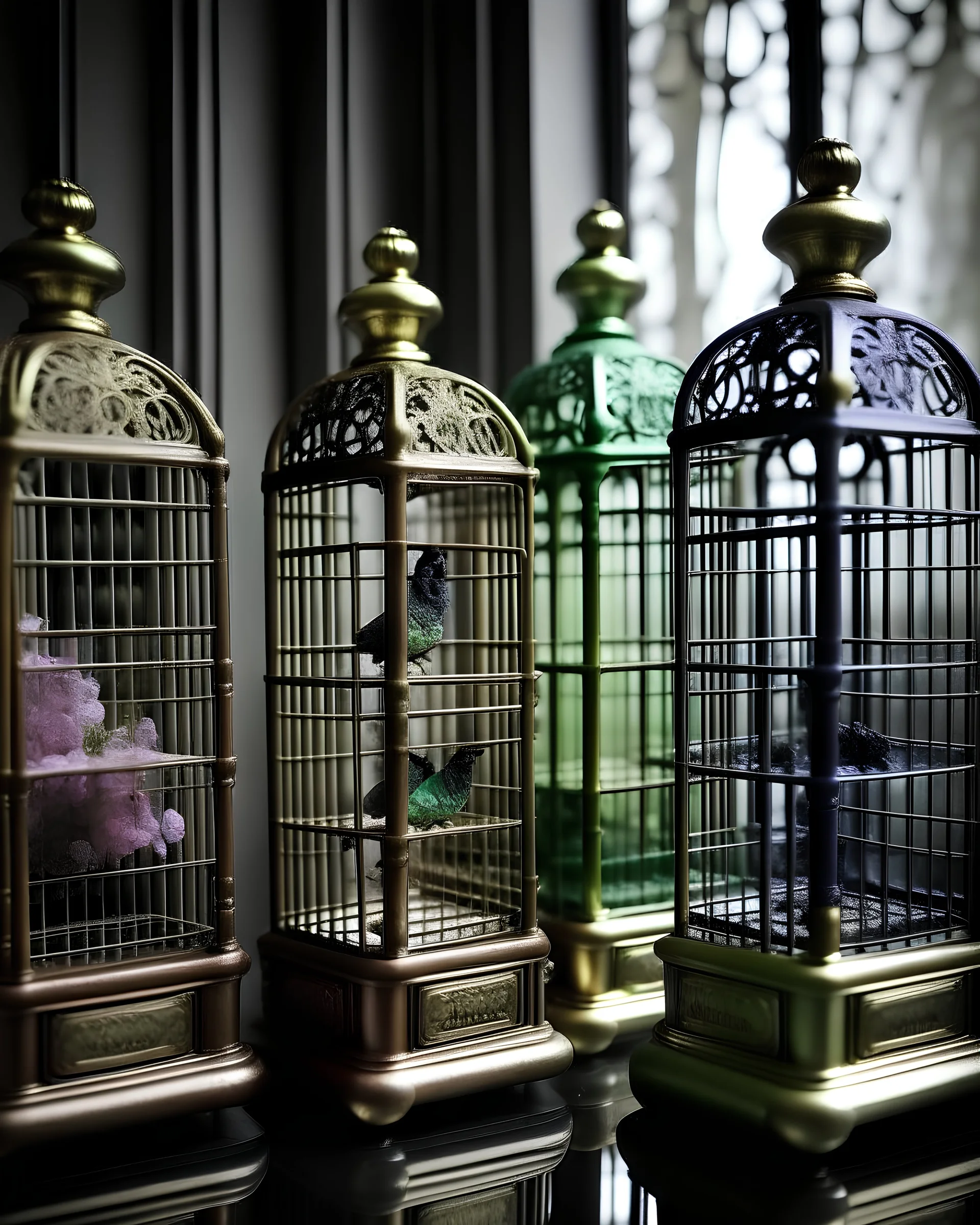 generate me an aesthetic complete image of Perfume Bottles in a Vintage Birdcage