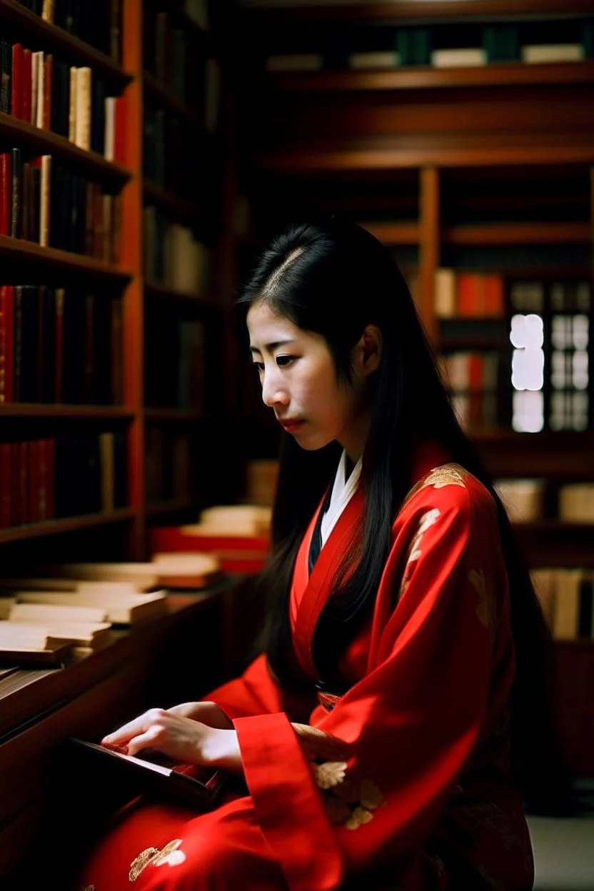 Editorial style overhead medium-close photo shot on kodak portra 800 of a 30-year-old japanese woman with long raven-black hair sitting in front of a shelf of ancient manuscripts in a kyoto library, she's wearing a red silk kimono designed by issey miyake with an intricate obi, the gentle ambiance creates a mood of wisdom and discovery as she sits attentively