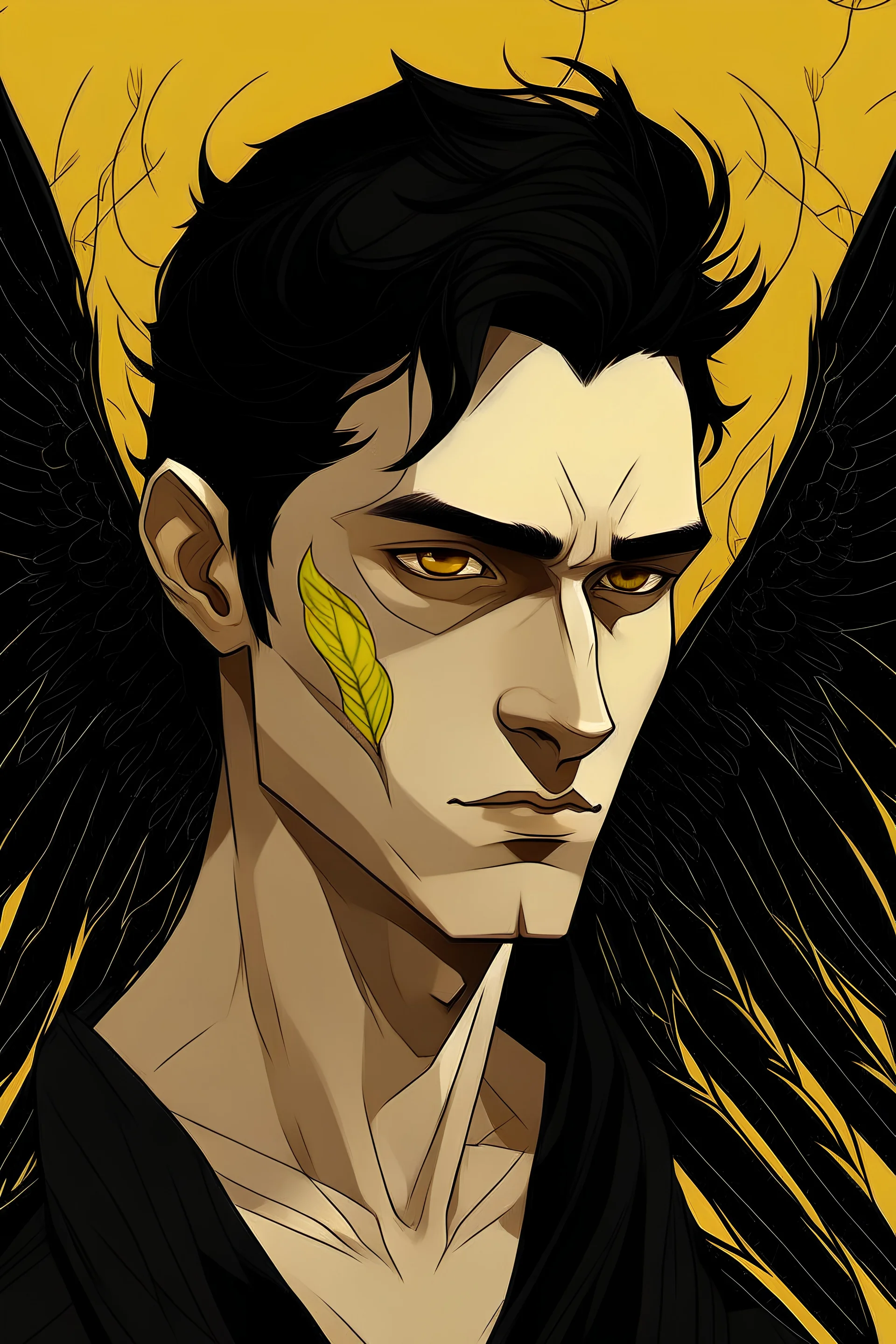 Make me an illustration of a man with black wings, yellow-gold eyes, and black hair with a scar over the left eye.