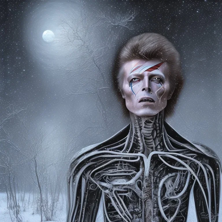 david bowie in winter landscape painted by hr giger