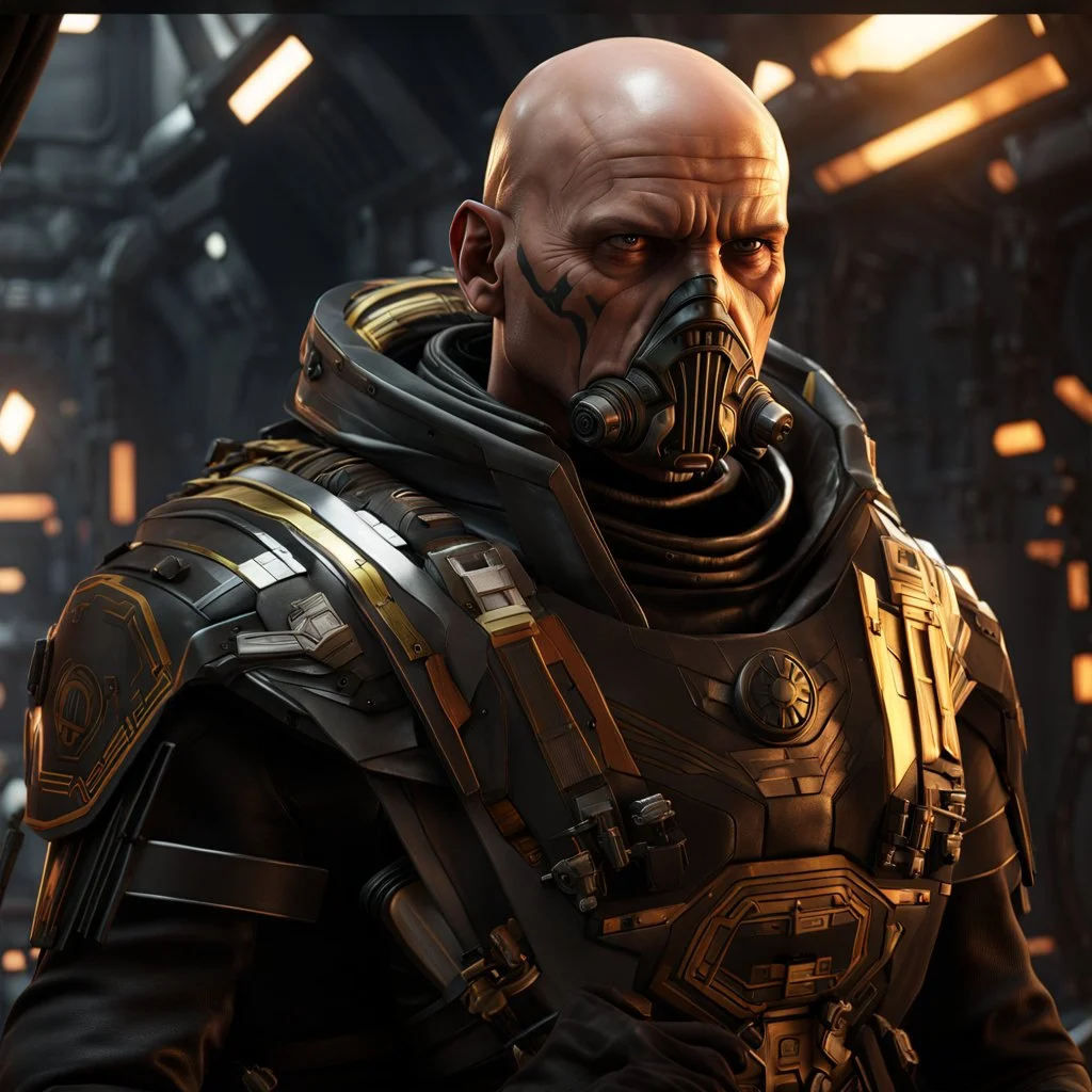 star wars bald male corellian pilot wearing pearlescent black and gunmetal grey First Order special forces heavy assault stealth commando armor and helmet with gold trim inside the jedi temple, hyperdetailed, dynamic lighting, hyperdetailed background, 8k resolution, volumetric lighting, light skin, fully symmetric details