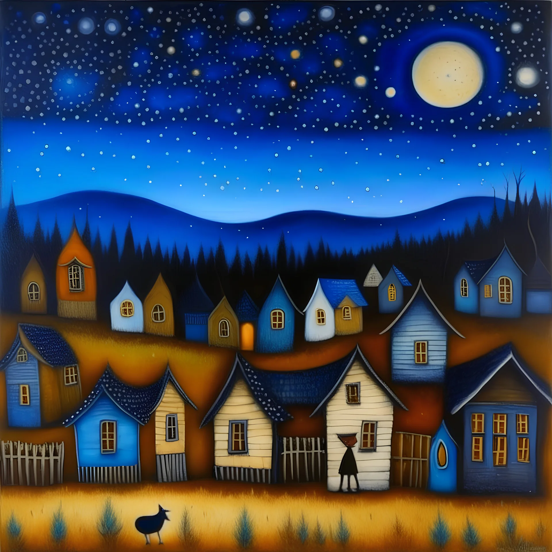 Folk art painting, Nightmare before Christmas under an indigo starry sky, village, Max Ernst, neutral natural colors, mixed media