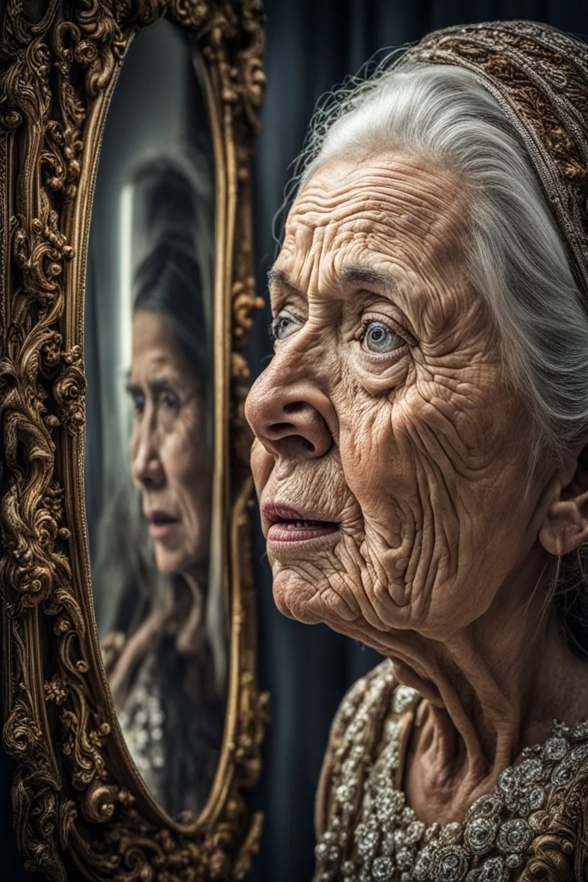 a young girl looking herself in the mirror with shock on her face, an old woman face reflecting in the mirror, hyper realistic, ultra detailed, stunning intricate details, HDR, beautifully shot, hyperrealistic, sharp focus, 64 megapixels, perfect composition, high contrast, cinematic, atmospheric, moody Professional photography, bokeh, natural lighting, canon lens, shot on dslr 64 megapixels sharp focus