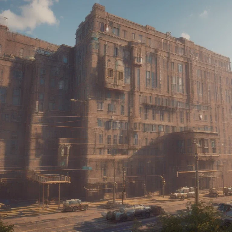 Steampunk, hospital modern elevation, Wes Anderson Lut, hyper realistic, 8k, unreal engine 5