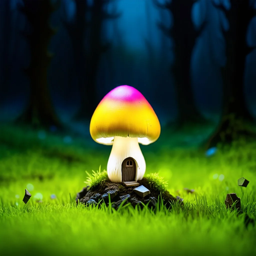 "Close up of a wonderful tiny Mushroom Tower home. Yellow and Magenta with bright white, deep black and contrasting tones of gray. Illuminated bioluminescent forest. Professional painter, master at composition. small but detailed. broken, blurred background, voluminous lighting"