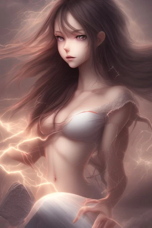 3d Anime beautiful girl in stormy surrounding