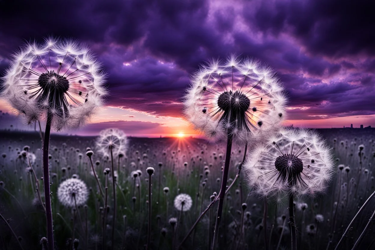 dark purple Sunset with big black Dandelions, , high textures, surreal, weird, white-black colors, silver rain, sharp focus, splash art, intricately detailed, mystic, dark stunning mood