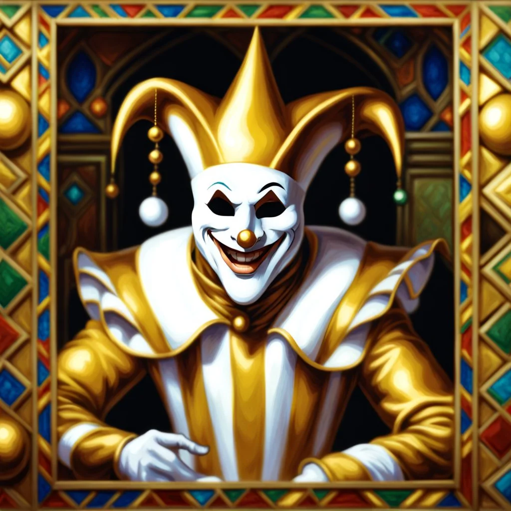 fantasy 90's tcg art of a heroic happy male jester wearing a white mask and golden costume in mosaic room