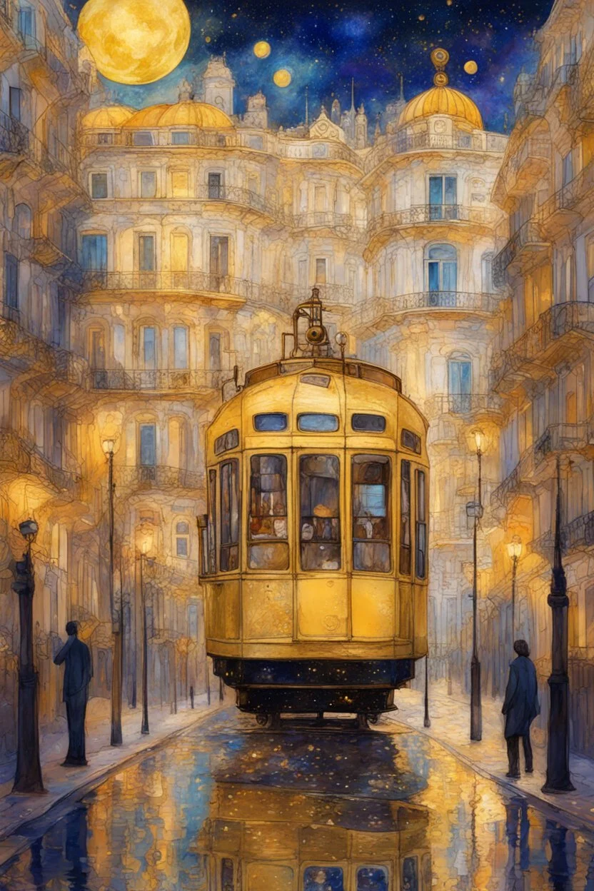 lisbon city view with famous yellow tram in gustav klimt style, gold foil, intricate details, romantic, art nouveau, celestial, galaxy, colorful, painterly, like a painting, mystical, wonder