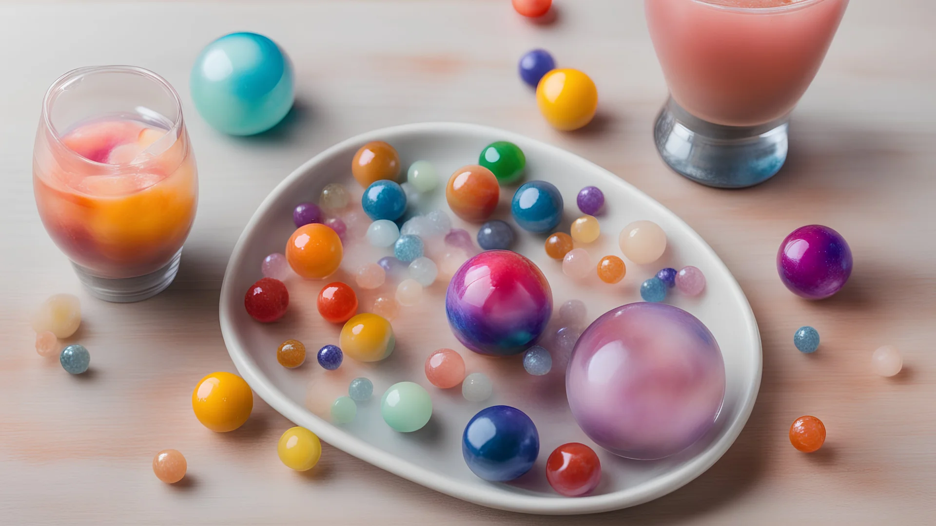 Colorful marbles and bubble tea on a table