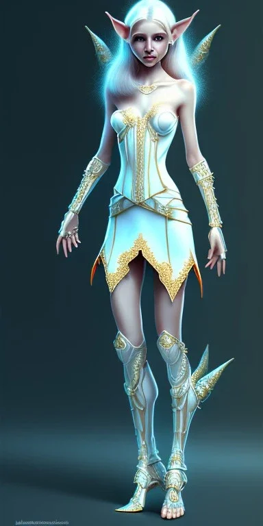 Symmetric cute and adorable female elf style adventurer dressed in a fresh light dress and anatomically correct bare feet into a white room, in style of D&D, microdetails, ultradetailed body, long shot --ar 2:3