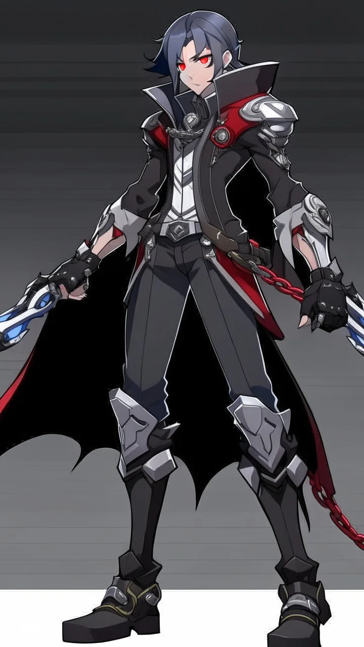 Genderbent female Wriothesley from Genshin impact , 8k , full body , cool background, no weapons , chains on fist , has tufted black hair with grey streaks, pale grey eyes, and pale skin. He bears a scar beneath his right eye; three scars extending from high on his neck down to his mid-chest, with one on the right, one on the left, and one along the midline; and scars on his left and right forearms.