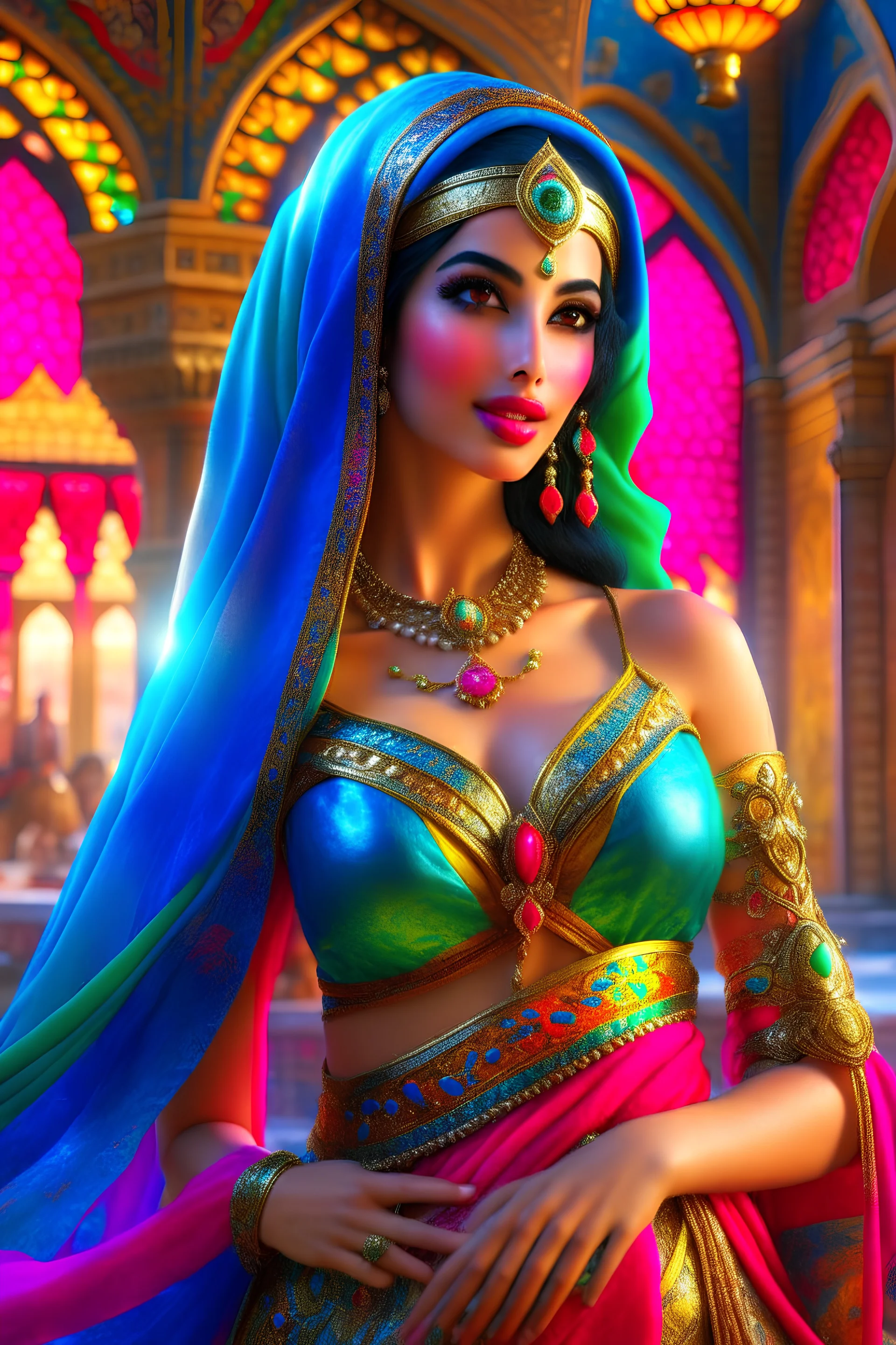 (a beautiful Arabian princess, 8k resolution concept art by Greg Rutkowski, Artgerm, WLOP, Alphonse Mucha dynamic lighting hyperdetailed intricately detailed Splash art trending on Artstation triadic colors Unreal Engine 5 volumetric lighting) beautiful full body shot