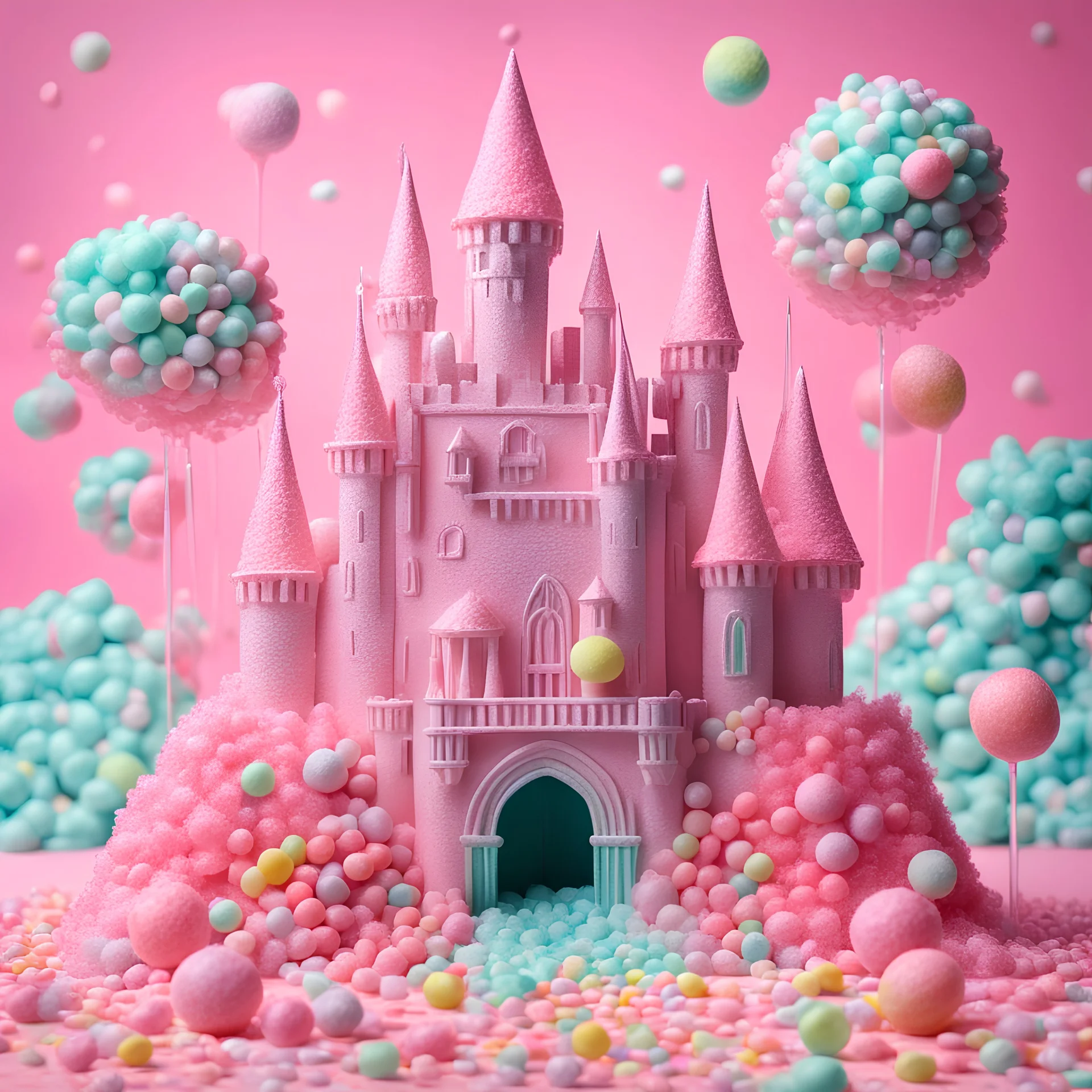 A castle made of gumdrops and lollipops on a pink background, 3D hyper-surrealism, shiny, metallic, pastel colors, paperwaves in pastel colors on the backbround