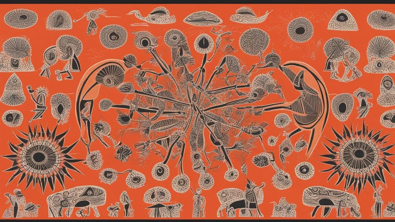 prehistoric religious ritual with Psilocybin in style of Warli painting orange, red to black