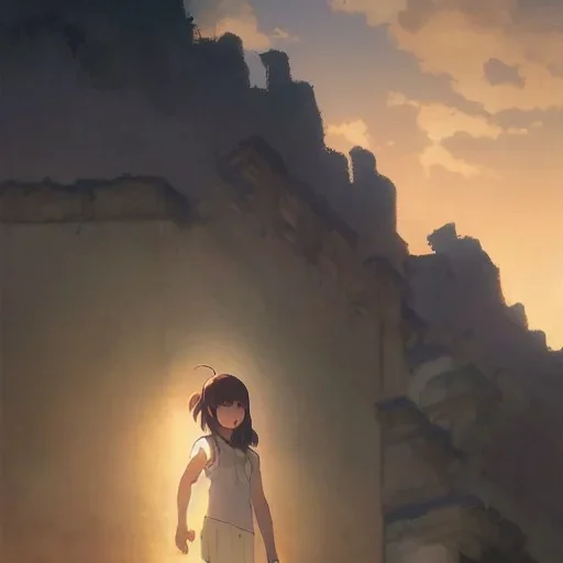 a girl looking to the sky, cinematic lighting, dramatic atmosphere, studio lighting delicate features finely detailed perfect art, at an ancient city, gapmoe yandere grimdark, trending on pixiv fanbox, painted by greg rutkowski makoto shinkai takashi takeuchi studio ghibli