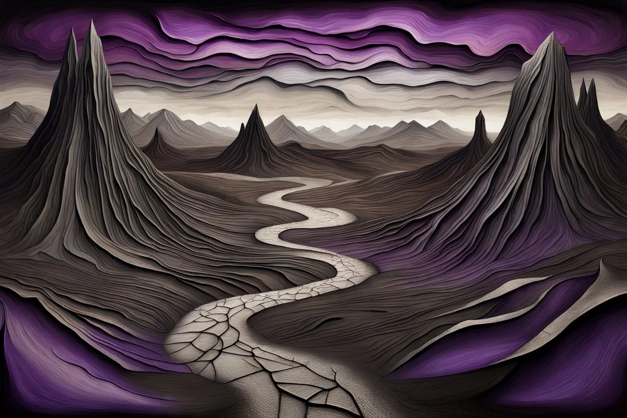 inner world and dynamics of the uncontrolled mind and soul, chaotic, lonely island , valley and mountains, deep Sahara, surreal cracked , brocken weird land. The Whimsical style , dark visions , thin bronse lines in black silver and purple landscape, impasto high textures, lonely, dark vibe, absurd beauty, deep, dark nightmare . The broken, weird bizarre landscape, dark dunes, surreal mood