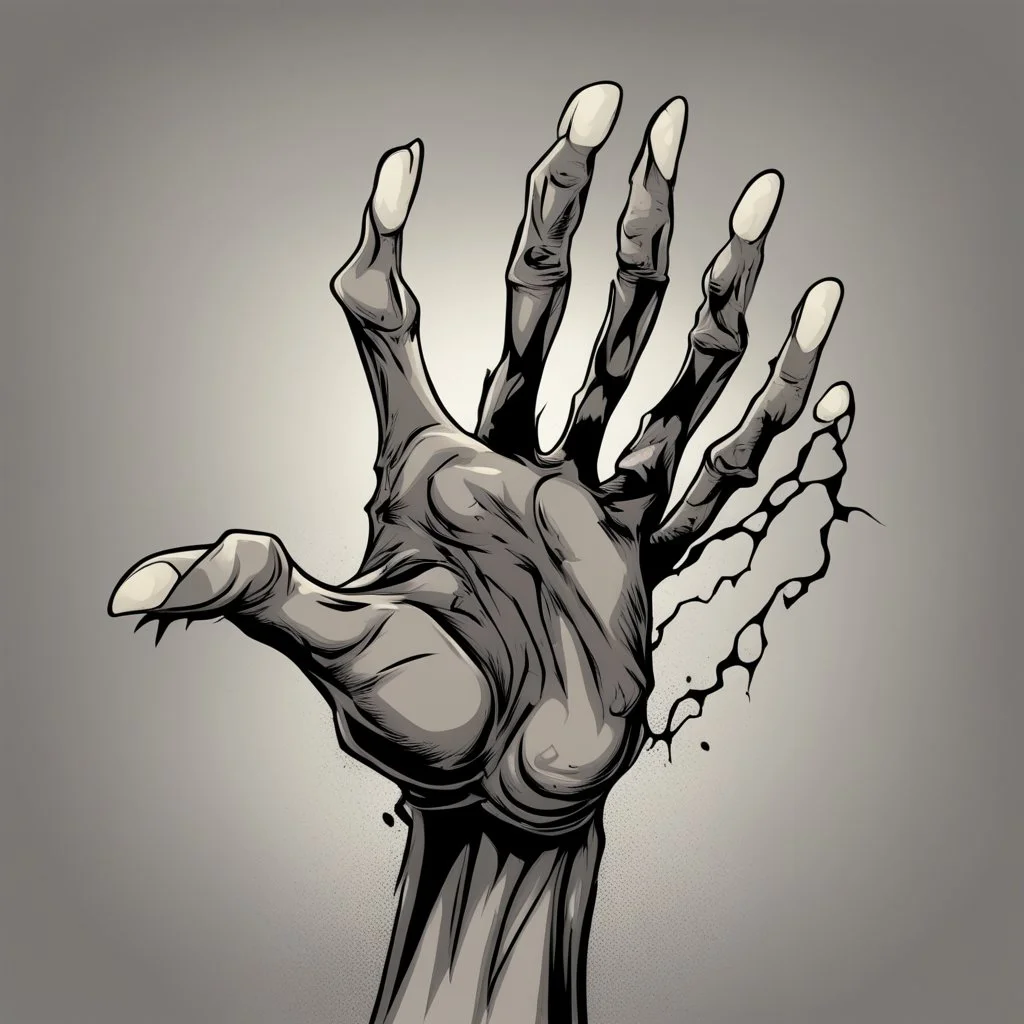zombie hand claw, 4 fingers, attack, comic book style, grey background,