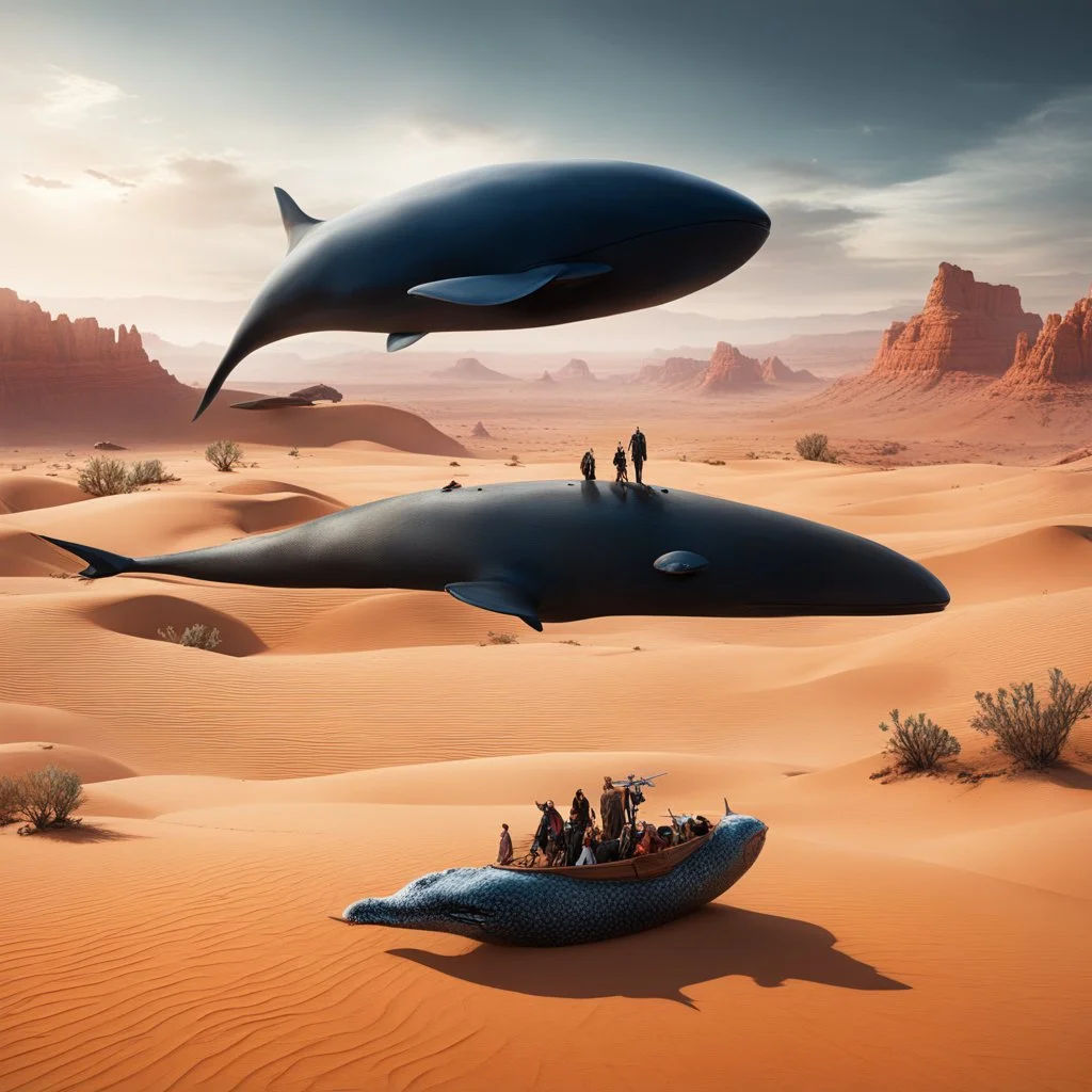 Surreal desert setting where clay Black Widow rides a whale to meet her Avenger friends.